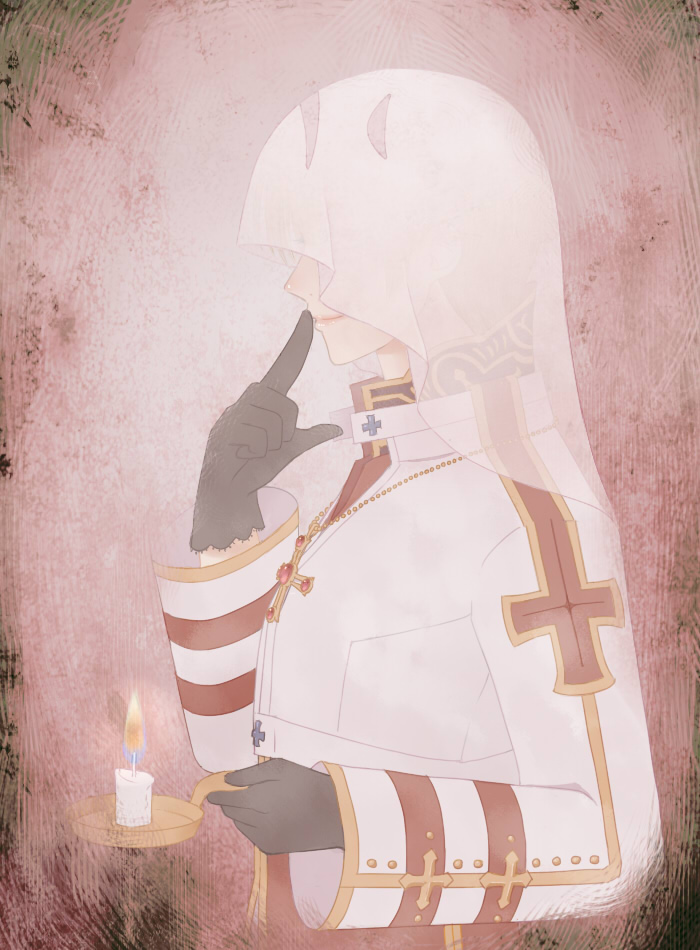 susukinohukurou, arch bishop (ragnarok online), ragnarok online, commentary request, variant set, 1boy, black gloves, bridal veil, candle, closed mouth, coat, cropped jacket, cross, fire, gloves, holding, holding candle, index finger raised, jacket, lips, male focus, pink background, profile, red coat, smile, solo, upper body, veil, vignetting, white jacket