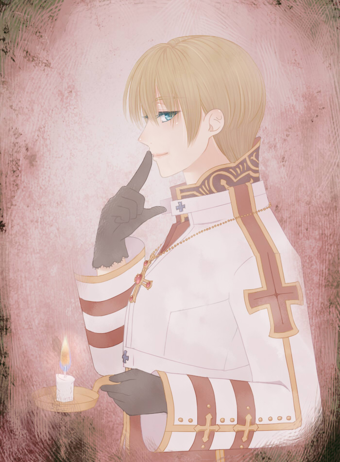 susukinohukurou, arch bishop (ragnarok online), ragnarok online, commentary request, variant set, 1boy, black gloves, blonde hair, blue eyes, candle, closed mouth, coat, cropped jacket, cross, fire, gloves, holding, holding candle, index finger raised, jacket, lips, looking at viewer, looking to the side, male focus, pink background, profile, red coat, smile, solo, upper body, vignetting, white jacket