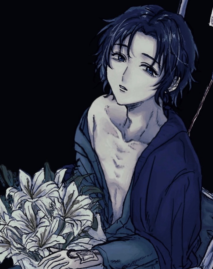 yukimura seiichi, tennis no ouji-sama, jpeg artifacts, 1boy, adam's apple, black background, blue cardigan, blue eyes, blue shirt, blue theme, blurry, bouquet, cardigan, cardigan on shoulders, collarbone, curtained hair, emaciated, expressionless, flower, from above, holding, holding bouquet, hospital gown, intravenous drip, lily (flower), linea alba, looking at viewer, male focus, pale skin, parted hair, parted lips, raised eyebrows, ribs, ryo 1293, shirt, short hair, sick, simple background, single bare shoulder, single off shoulder, solo, upper body, wavy hair