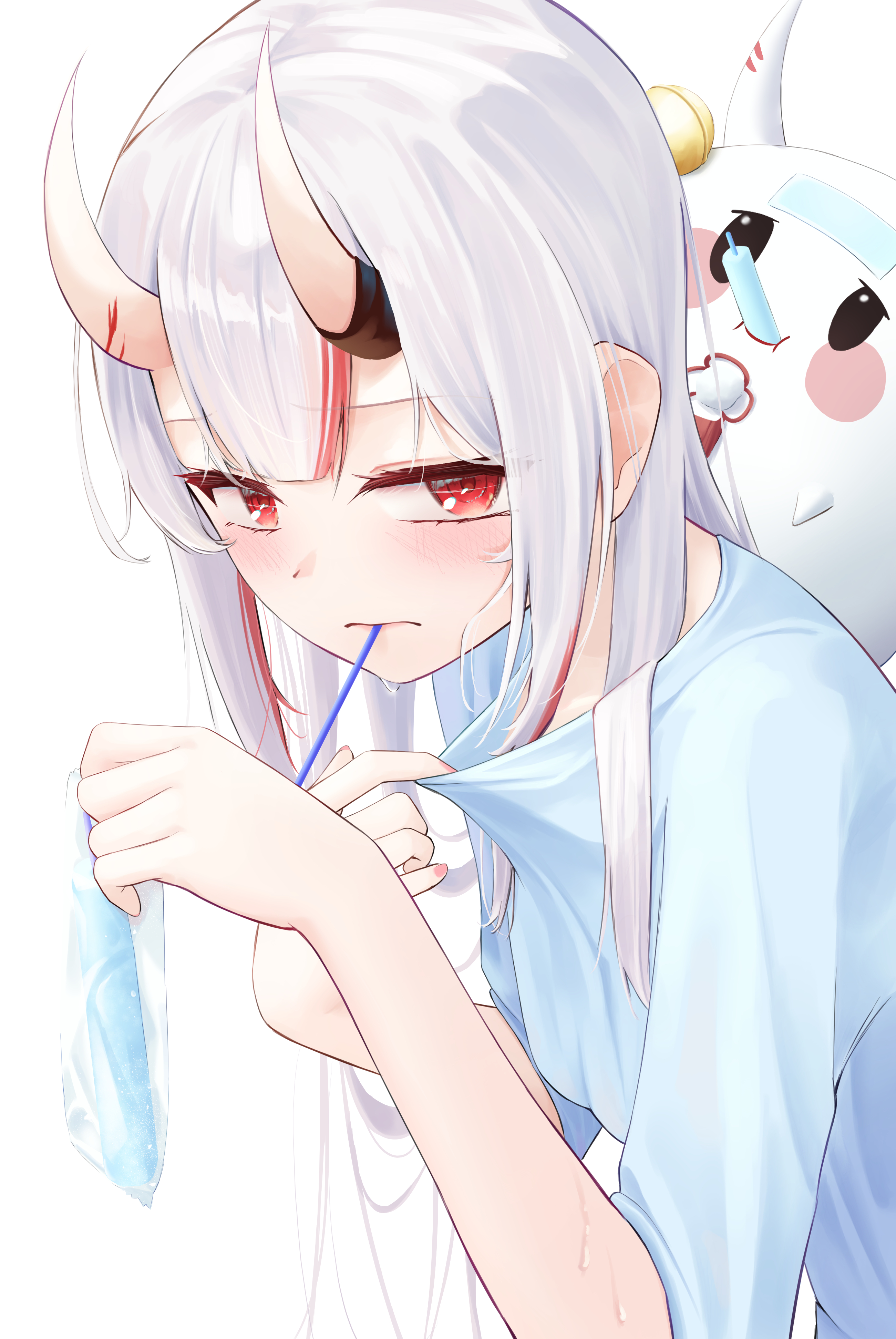 makushiro 081, nakiri ayame, poyoyo (nakiri ayame), hololive, absurdres, highres, 1girl, bell, blue shirt, clothes pull, hair bell, hair ornament, horns, long hair, looking at viewer, mouth hold, oni, red eyes, red streaks, shirt, shirt pull, simple background, skin-covered horns, solo, sweat, virtual youtuber, white background, white hair