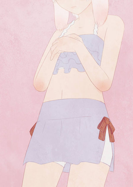 susukinohukurou, arch bishop (ragnarok online), ragnarok online, commentary request, 1boy, animal ears, bikini, blue bikini, closed mouth, cowboy shot, crossdressing, crossdressing (mtf), eyes out of frame, floppy ears, head out of frame, lips, male focus, midriff, navel, pink background, rabbit boy, rabbit ears, short hair, solo, swimsuit