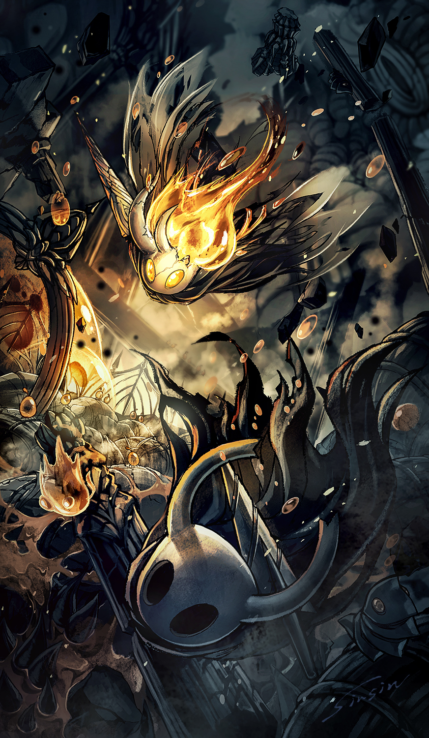 mamoru mikokoro, broken vessel (hollow knight), knight (hollow knight), hollow knight, commentary, highres, 2others, artist name, battle, broken mask, bug, cage, chasing, cloak, coiled nail (hollow knight), column, glowing, glowing eyes, holding, holding weapon, insect wings, mask, moth wings, multiple others, nail (hollow knight), no humans, pillar, rubble, spikes, underground, weapon, wings