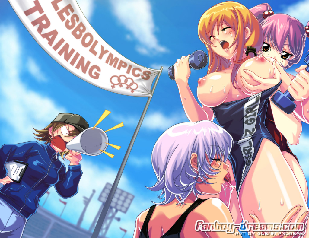 glenn andrean, olympics, swimsuit pull, 4girls, banner, blush, breasts, casual one-piece swimsuit, clothes writing, cunnilingus, dutch angle, grabbing another's breast, hand on own hip, jersey, licking, megaphone, multiple girls, nipples, one-piece swimsuit, oral, pussy, shouting, stadium, standing, sweat, swimsuit, swimsuit aside, uncensored, weights, yuri