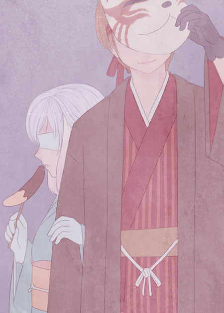 susukinohukurou, arch bishop (ragnarok online), ragnarok online, commentary request, 2boys, adapted costume, animal ears, black gloves, blindfold, blue kimono, brown hair, brown haori, chocolate-covered food, chocolate banana, closed mouth, floppy ears, gloves, grey background, grey hair, haori, japanese clothes, kimono, locked arms, male focus, multiple boys, muted color, rabbit boy, rabbit ears, red kimono, short hair, smile, striped clothes, striped kimono, upper body, vertical-striped clothes, vertical-striped kimono