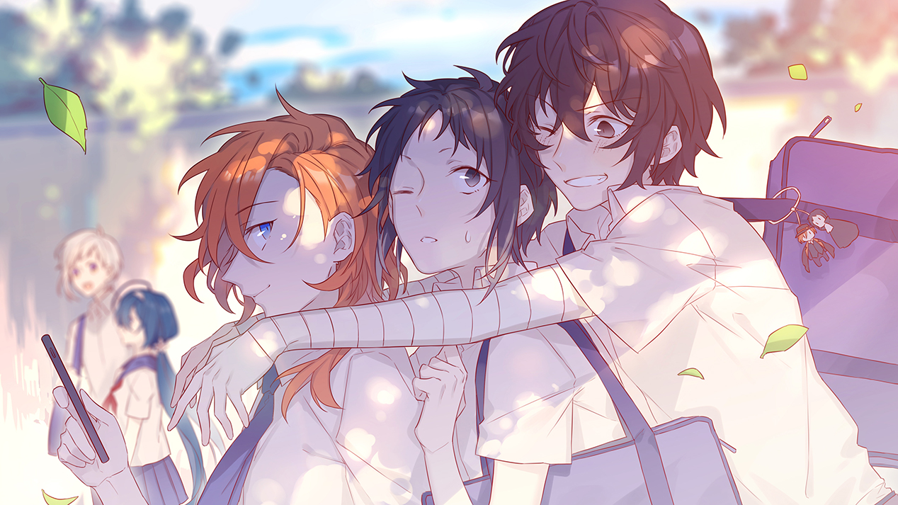 orz1016, akutagawa ryuunosuke (bungou stray dogs), dazai osamu (bungou stray dogs), izumi kyouka (bungou stray dogs), nakahara chuuya (bungou stray dogs), nakajima atsushi (bungou stray dogs), bungou stray dogs, 1girl, 4boys, ahoge, bag, bag charm, bandaged arm, bandages, black eyes, black hair, blue eyes, blue hair, blue necktie, blue sailor collar, blue skirt, cellphone, charm (object), gradient hair, grey hair, grin, hair between eyes, holding, holding phone, long hair, multicolored hair, multiple boys, neckerchief, necktie, orange hair, outdoors, phone, ponytail, red neckerchief, sailor collar, school bag, school uniform, serafuku, shirt, skirt, smartphone, smile, white hair, white shirt