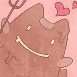susukinohukurou, deviruchi, ragnarok online, commentary request, lowres, chocolate syrup, creature, demon, heart, holding, holding pitchfork, looking at viewer, no humans, pink background, pitchfork, upper body