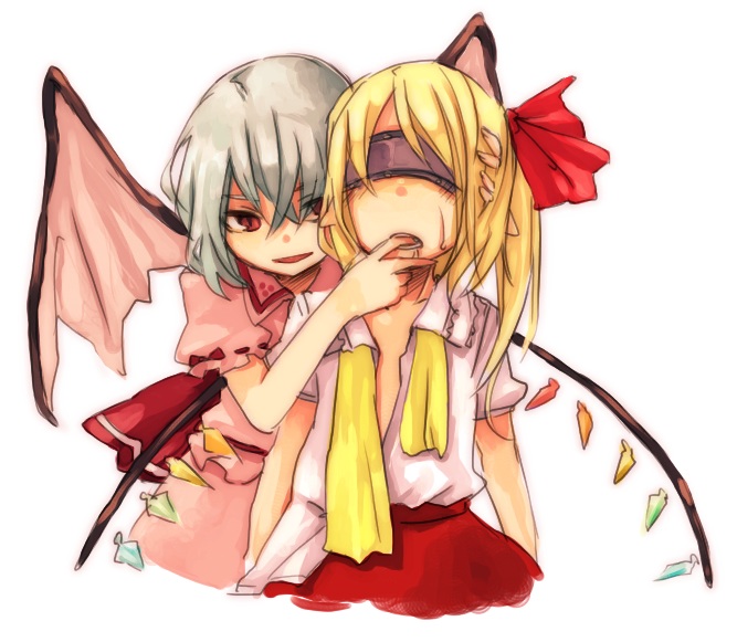 takishima asaka, flandre scarlet, remilia scarlet, touhou, untied, 2girls, bat wings, blindfold, female focus, finger in another's mouth, grey hair, multiple girls, no headwear, pointy ears, red eyes, siblings, simple background, sisters, slit pupils, standing, wings, yuri