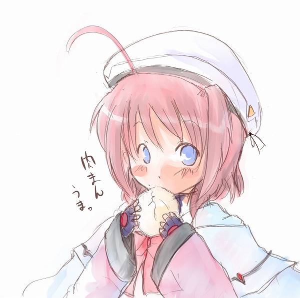 ogu, caro ru lushe, kerykeion (nanoha), lyrical nanoha, mahou shoujo lyrical nanoha, mahou shoujo lyrical nanoha strikers, 00s, 1girl, ahoge, beret, black gloves, blue eyes, blush, cape, capelet, eating, female focus, fingerless gloves, food, gloves, hat, holding, looking at viewer, magical girl, pink hair, simple background, solo, steamed bun, text focus, upper body, white background