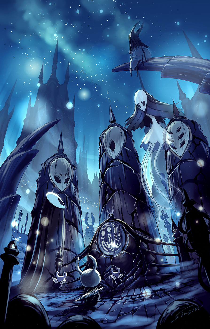 mamoru mikokoro, hatchling (hollow knight), herrah (hollow knight), knight (hollow knight), lurien (hollow knight), monomon (hollow knight), hollow knight, highres, flying, ghost, grey cloak, horned mask, mask, nail (hollow knight), pure nail (hollow knight), signature, sitting, weapon, weapon on back, white mask, wings