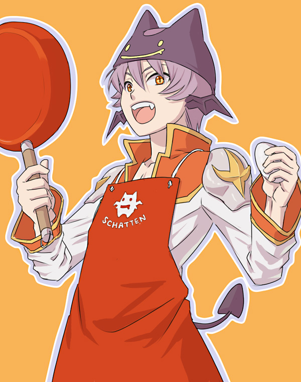 susukinohukurou, high priest (ragnarok online), ragnarok online, commentary request, 1boy, :d, apron, black hat, black wings, coat, demon boy, demon tail, deviruchi hat, egg, frying pan, hat, head wings, holding, holding egg, holding frying pan, long sleeves, looking at viewer, male focus, multicolored coat, open mouth, orange background, orange coat, orange eyes, purple hair, red apron, short hair, simple background, smile, solo, tail, teeth, two-tone coat, upper body, upper teeth only, white coat, wings