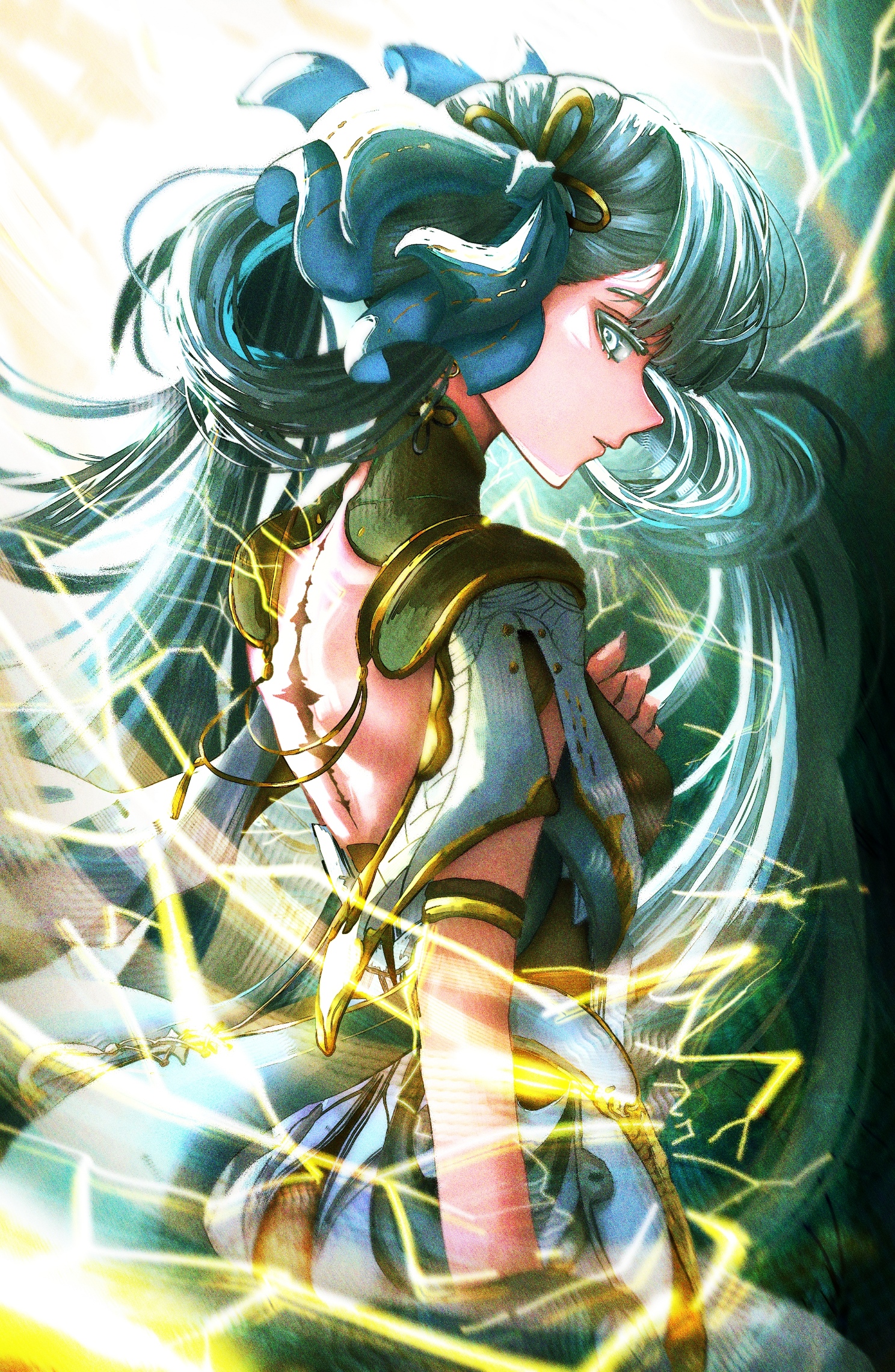 artdroiiid ii, jinhsi (wuthering waves), wuthering waves, commentary, english commentary, highres, 1girl, back, black collar, black dress, bow, breasts, coat, collar, colored eyelashes, cowboy shot, dress, earrings, electricity, from side, hair bow, hair rings, hand on own chest, hand up, jewelry, long hair, looking at viewer, medium breasts, parted lips, sideways glance, solo, tacet mark (wuthering waves), very long hair, white bow, white coat, white eyelashes, white eyes, white hair