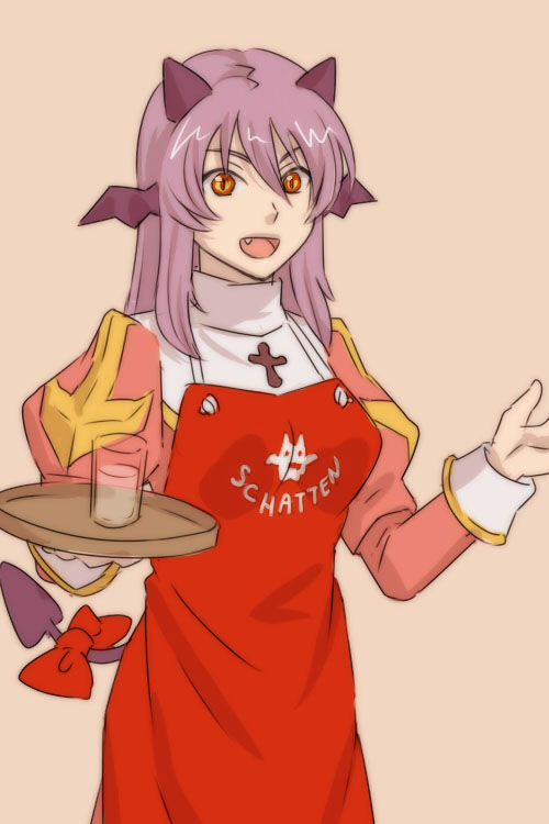 susukinohukurou, high priest (ragnarok online), ragnarok online, commentary request, 1girl, :d, apron, bow, breasts, brown background, cone horns, cowboy shot, cross, cross necklace, demon girl, demon tail, demon wings, dress, fang, holding, holding tray, horns, jewelry, juliet sleeves, long hair, long sleeves, looking at viewer, medium breasts, necklace, open mouth, pink dress, puffy sleeves, purple hair, purple horns, purple wings, red apron, red bow, simple background, smile, solo, tail, tail bow, tail ornament, tray, two-tone dress, wings