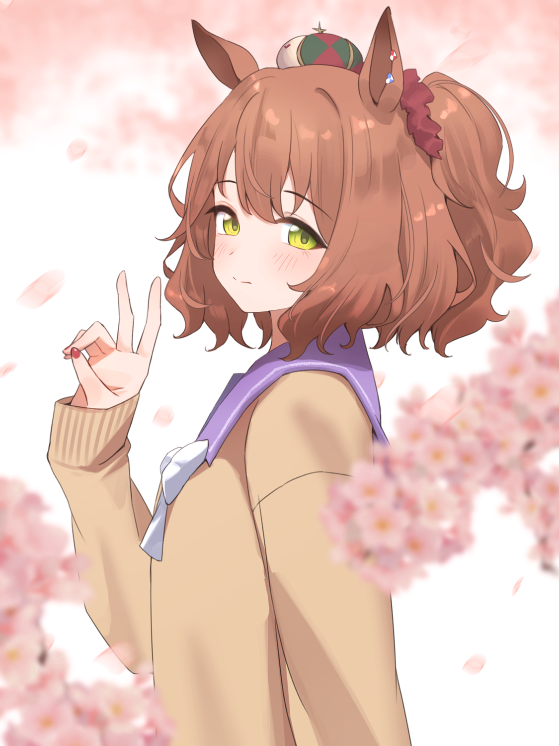 katuko deluxe, aston machan (umamusume), umamusume, commentary, highres, 1girl, animal ears, blurry, blurry background, blurry foreground, blush, bow, bowtie, brown hair, brown sweater, cherry blossoms, closed mouth, depth of field, falling petals, green eyes, green hat, hair ornament, hair scrunchie, half updo, hat, horse ears, horse girl, light frown, long sleeves, looking at viewer, mini hat, petals, purple sailor collar, red hat, red scrunchie, sailor collar, school uniform, scrunchie, short hair, sleeves past wrists, solo, split mouth, sweater, tracen school uniform, two-tone hat, upper body, white bow, white bowtie, winter uniform