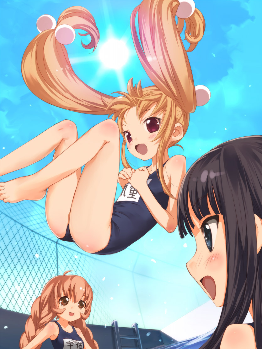 uni (plastic girl), kagami kuro, kokonoe rin, usa mimi, kodomo no jikan, 00s, 3girls, barefoot, black one-piece swimsuit, braid, chain-link fence, child, cloud, day, fence, fisheye, flat chest, hair bobbles, hair ornament, jumping, multiple girls, name tag, no eyewear, one-piece swimsuit, pool, pool ladder, school swimsuit, sideways mouth, sky, sun, swimsuit, twin braids, twintails, wet