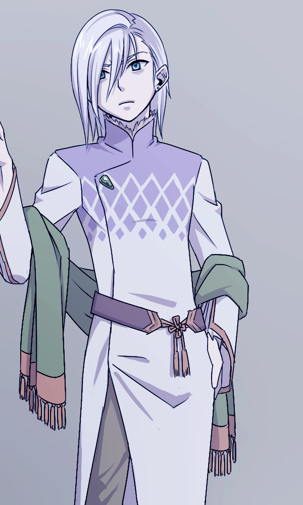 susukinohukurou, sorcerer (ragnarok online), ragnarok online, commentary request, 1boy, adapted costume, argyle clothes, argyle coat, asymmetrical bangs, belt, black belt, blue eyes, closed mouth, coat, cowboy shot, earrings, frown, green scarf, grey background, grey hair, grey pants, hair between eyes, jewelry, long bangs, long sleeves, looking at viewer, male focus, pants, scarf, short hair, simple background, solo, stud earrings, white coat