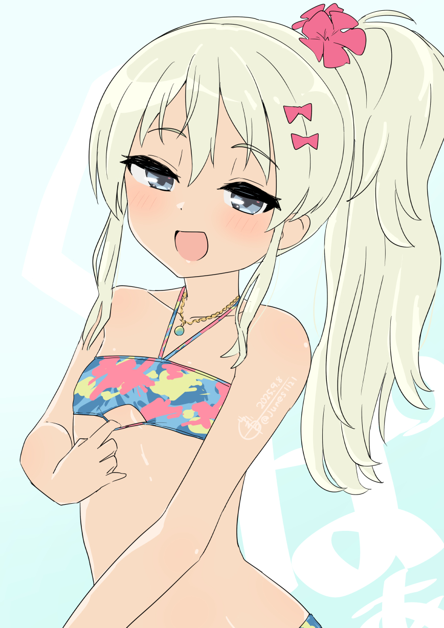 junes, grecale (kancolle), grecale (swimsuit) (kancolle), kantai collection, highres, 1girl, aqua background, bandeau, bikini, bikini pull, blonde hair, blue eyes, blush, bow, clothes pull, collarbone, dated, flat chest, flower, gold necklace, hair between eyes, hair bow, hair flower, hair ornament, jewelry, kupaa, long hair, looking at viewer, multicolored bandeau, necklace, no shirt, one side up, open mouth, pink bow, pink flower, ponytail, pulling own clothes, sidelocks, simple background, solo, swimsuit, twitter username, upper body