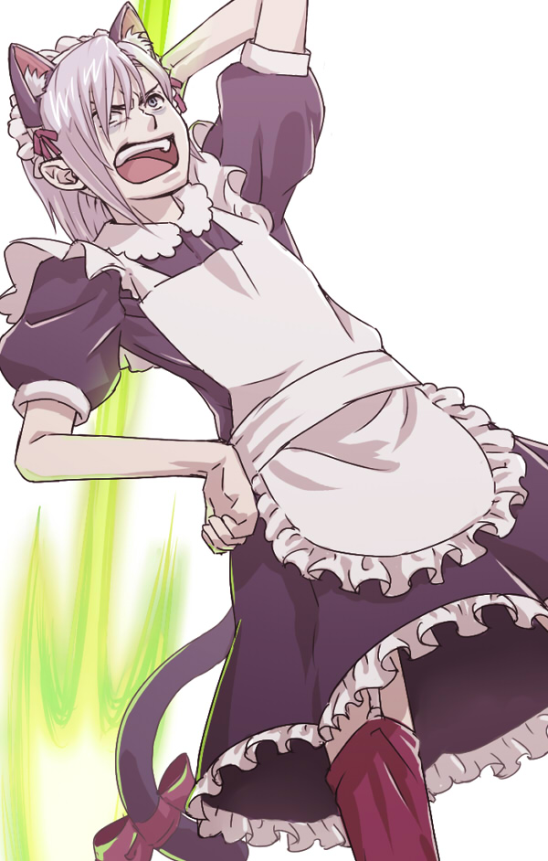 susukinohukurou, sorcerer (ragnarok online), ragnarok online, commentary request, 1boy, alternate costume, animal ear fluff, animal ears, apron, arm up, bags under eyes, black dress, bow, cat ears, cat tail, cowboy shot, crossdressing, crossdressing (mtf), dress, dutch angle, enmaided, fake animal ears, fake tail, frilled apron, frills, grey eyes, grey hair, looking afar, maid, male focus, male maid, open mouth, puffy short sleeves, puffy sleeves, red bow, short hair, short sleeves, solo, tail, tail bow, tail ornament, teeth, v-shaped eyebrows, white apron