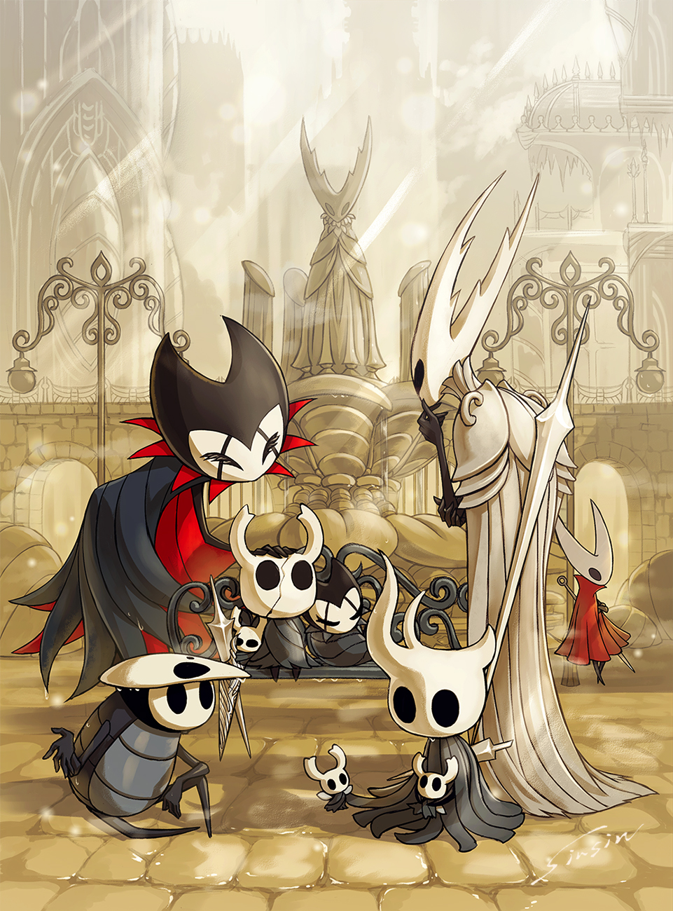 mamoru mikokoro, broken vessel (hollow knight), grimm (hollow knight), grimmchild, hatchling (hollow knight), hollow knight (character), hornet (hollow knight), knight (hollow knight), quirrel, hollow knight, commentary request, highres, armor, bench, black cloak, cloak, closed eyes, cracked mask, grey cloak, headpat, hollow eyes, horned mask, mask, mask on head, nail (hollow knight), needle (hollow knight), on bench, pure nail (hollow knight), pure vessel, red cloak, shoulder armor, signature, sitting, sleeping, statue, two-sided cloak, two-sided fabric, weapon, weapon on back, white mask, wings