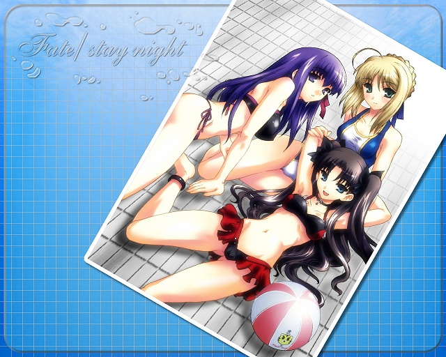 artoria pendragon (fate), matou sakura, saber (fate), tohsaka rin, fate/stay night, fate (series), 00s, 3girls, ball, beachball, bikini, long legs, multiple girls, side-tie bikini bottom, swimsuit