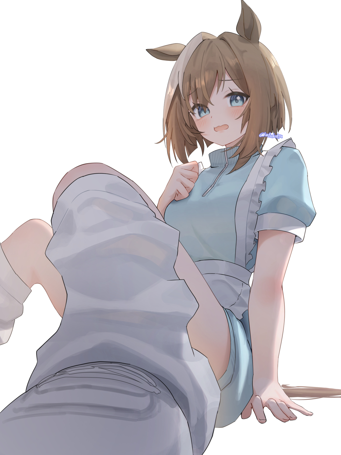katuko deluxe, cheval grand (umamusume), umamusume, commentary, highres, 1girl, animal ears, apron, blue eyes, blue shorts, blue sweater, bob cut, brown hair, frilled apron, frills, horse ears, horse girl, horse tail, inverted bob, jersey maid, leg warmers, maid, multicolored hair, open mouth, puffy short sleeves, puffy sleeves, raised inner eyebrows, shoes, short-sleeved sweater, short hair, short sleeves, shorts, simple background, sneakers, solo, streaked hair, sweater, tail, twitter username, unconventional maid, waist apron, white apron, white background, white hair, white leg warmers, white shoes