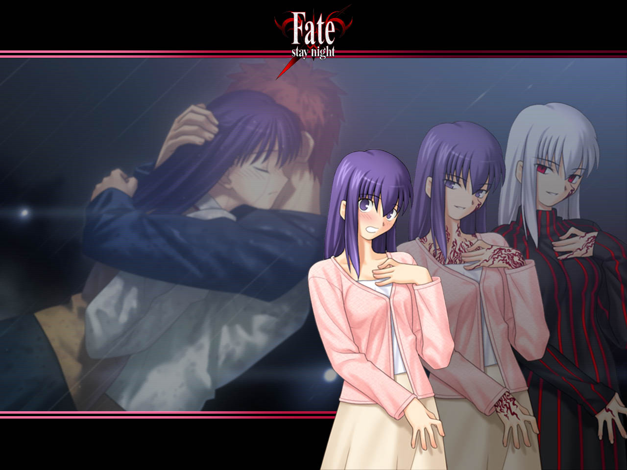 dark matou sakura, dark sakura, emiya shirou, matou sakura, fate/stay night, fate (series), silver hair, 00s, 1boy, 1girl, black bodysuit, bodysuit, dress, from side, hand on own chest, hetero, hug, letterboxed, long hair, looking at viewer, pink dress, profile, purple eyes, purple hair, red eyes, red hair, shirt, skin tight, standing, t-shirt, zoom layer