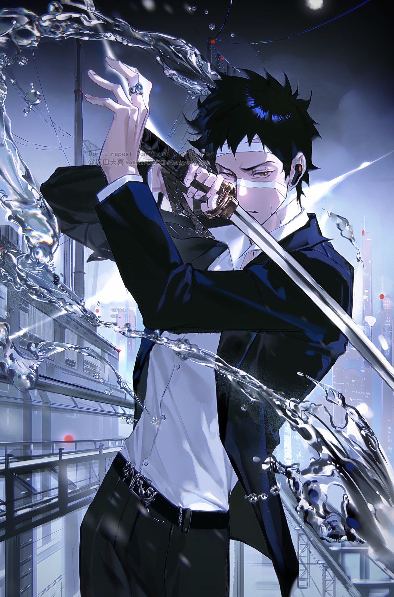 bantian daxi, yamamoto takeshi, katekyo hitman reborn!, commentary, hashtag-only commentary, highres, 1boy, arms up, bandaged head, bandages, belt, belt buckle, black belt, black hair, black jacket, black pants, black suit, brown eyes, buckle, buttons, collared shirt, cowboy shot, earpiece, formal clothes, jacket, layered sleeves, long sleeves, looking at viewer, male focus, open clothes, open jacket, pants, parted lips, popped collar, shirt, shirt tucked in, short hair, solo, suit, suit jacket, water, watermark, white shirt