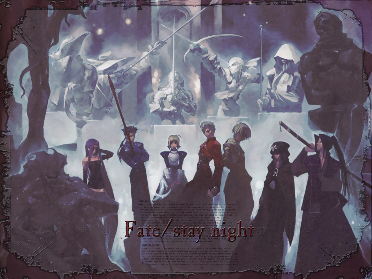 aikura chihiro, archer (fate), archer class (fate), artoria pendragon (fate), assassin class (fate), berserker class (fate), caster class (fate), cu chulainn (fate), cu chulainn (fate/stay night), gilgamesh (fate), heracles (fate), lancer class (fate), medea (caster) (fate), medea (fate), medusa (fate), medusa (rider) (fate), rider class (fate), saber (fate), saber class (fate), sasaki kojirou (fate), fate/stay night, fate (series), 00s, 3girls, 5boys, armor, gae bolg (fate), monohoshizao, multiple boys, multiple girls, polearm, spear, statue, sword, weapon