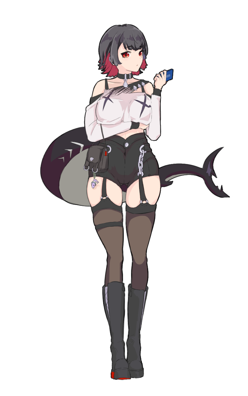 harami (gkfka020202), ellen joe, zenless zone zero, highres, 1girl, alternate costume, colored inner hair, fins, fish tail, full body, mole, mole under eye, multicolored hair, scar, scar on tail, shark girl, shark tail, shorts, simple background, solo, tail, thighhighs, white background