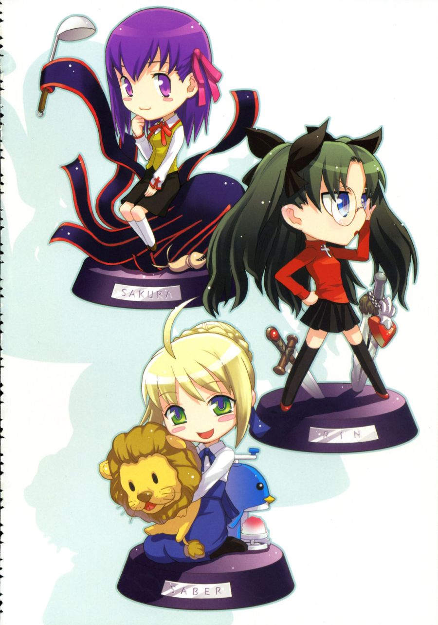 task owner, artoria pendragon (fate), matou sakura, saber (fate), tohsaka rin, fate/stay night, fate (series), black legwear, highres, 00s, 3girls, ahoge, chibi, glasses, homurabara academy school uniform, lion, multiple girls, pantyhose, school uniform, serafuku, sword, thighhighs, weapon, zettai ryouiki