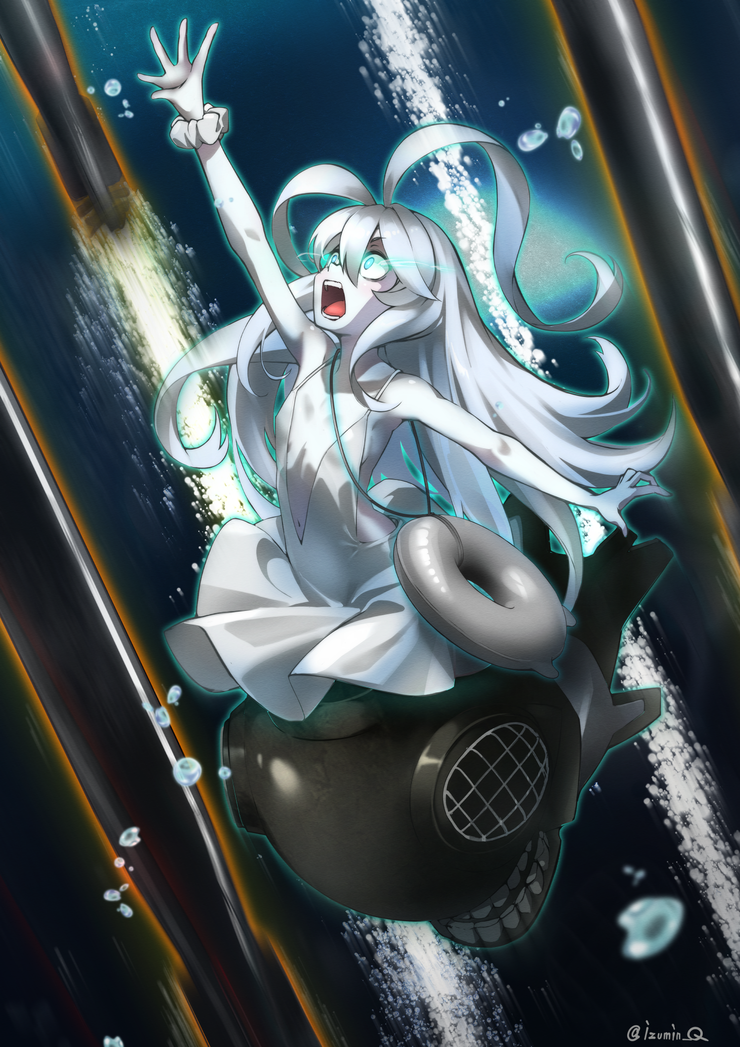 izumi kuma, new submarine princess, kantai collection, commentary request, highres, 1girl, abyssal ship, air bubble, blue hair, breasts, bubble, colored skin, dress, eye trail, glowing, glowing eyes, lifebuoy, light trail, long hair, multicolored hair, open mouth, outstretched arm, small breasts, solo, swim ring, torpedo, twitter username, underwater, white dress, white hair, white skin