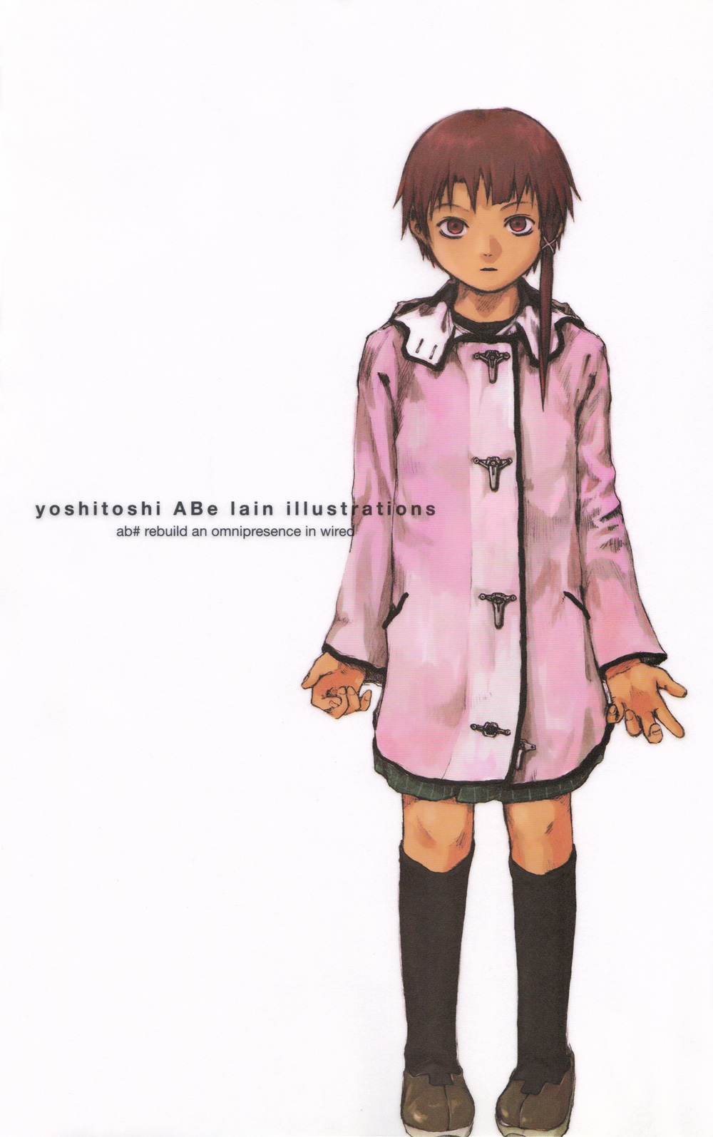 abe yoshitoshi, iwakura lain, serial experiments lain, highres, official art, scan, 1990s (style), 1girl, brown eyes, brown hair, english text, female focus, hair ornament, hairclip, raincoat, retro artstyle, solo, standing, white background