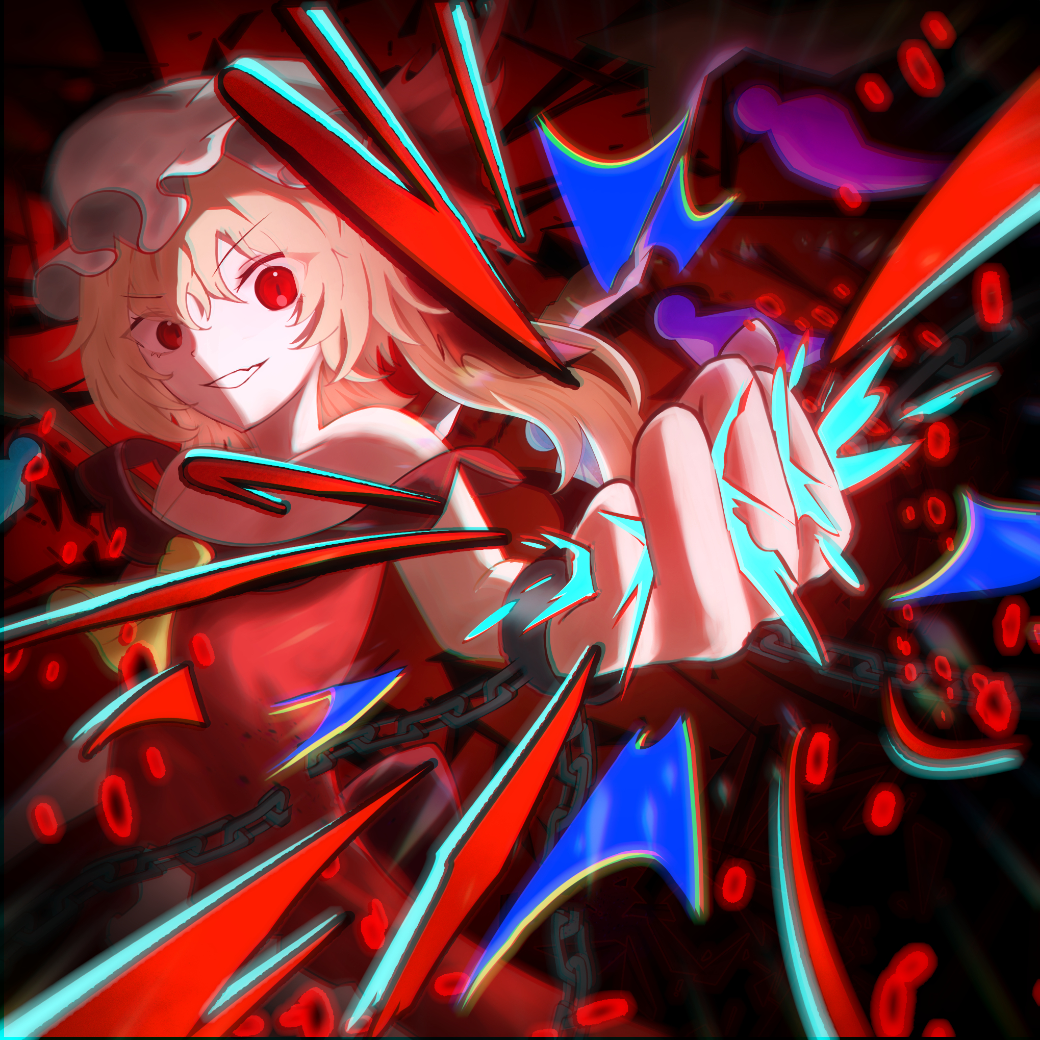 flandre scarlet, touhou, touhou gensou eclipse, highres, 1girl, alternate costume, ascot, blonde hair, chain, crystal, glowing, hat, hat ribbon, laevatein (touhou), looking at viewer, metal wrist cuffs, mob cap, puffy short sleeves, puffy sleeves, red eyes, ribbon, short hair, short sleeves, side ponytail, smile, solo, tachyon663504, upper body, wings, yellow ascot