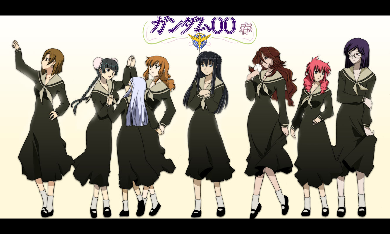 steed (steed enterprise), christina sierra, feldt grace, kinue crossroad, marina ismail, soma peries, sumeragi lee noriega, tieria erde, wang liu mei, gundam, gundam 00, maria-sama ga miteru, translated, 6+girls, bun cover, cosplay, crossdressing, crossdressing (ftm), letterboxed, mary janes, multiple girls, parody, shoes, trap