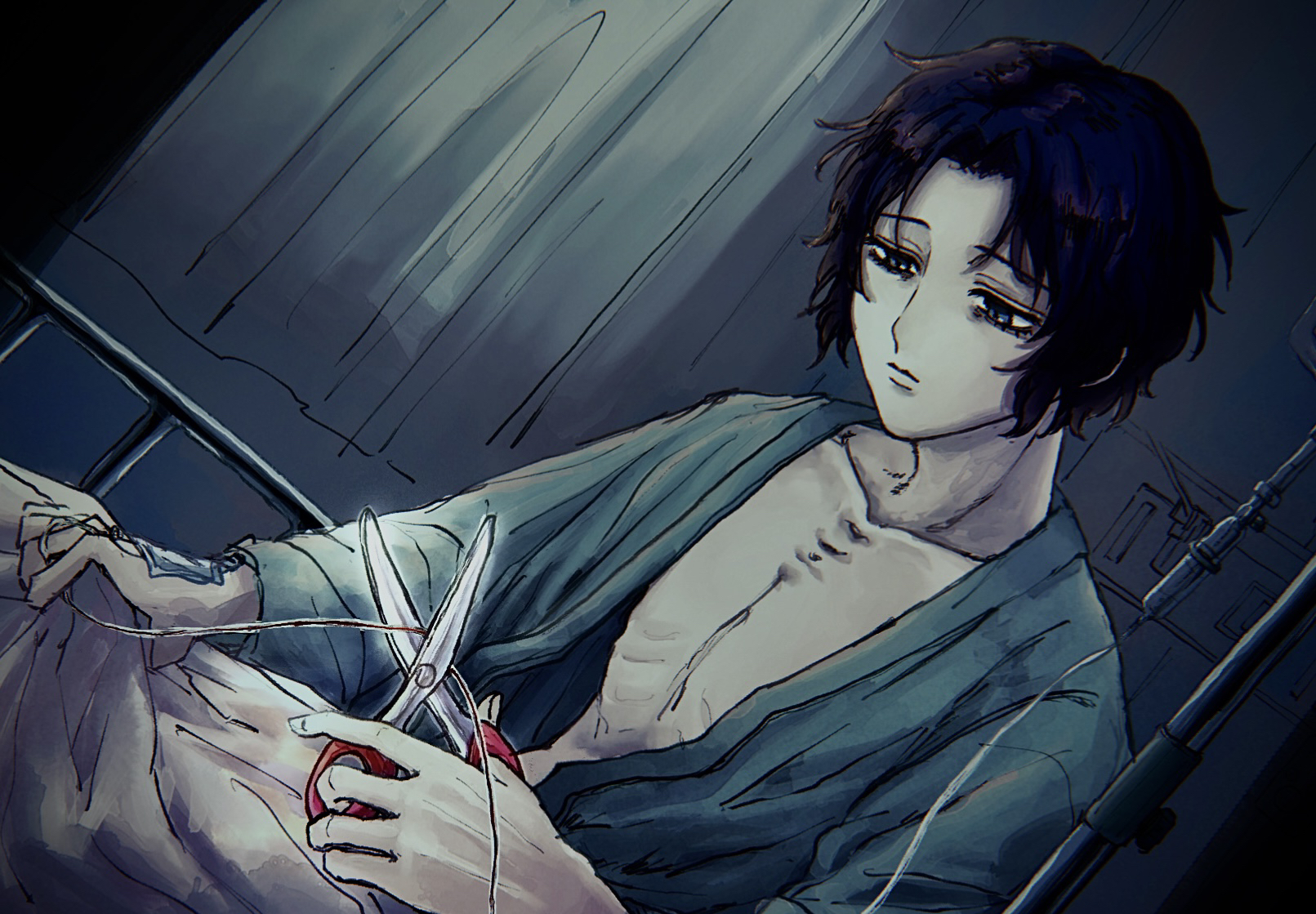 yukimura seiichi, tennis no ouji-sama, highres, 1boy, bags under eyes, bed, bed sheet, blue eyes, blue hair, blue shirt, blue theme, collarbone, curtains, dutch angle, emaciated, holding, holding scissors, hospital, hospital bed, hospital gown, intravenous drip, iv stand, light frown, looking down, male focus, on bed, open clothes, open shirt, pale skin, parted hair, raised eyebrows, ribs, ryo 1293, sad, scissors, sheet grab, shirt, short hair, sick, sidelighting, sitting, solo, under covers, upper body, wavy hair