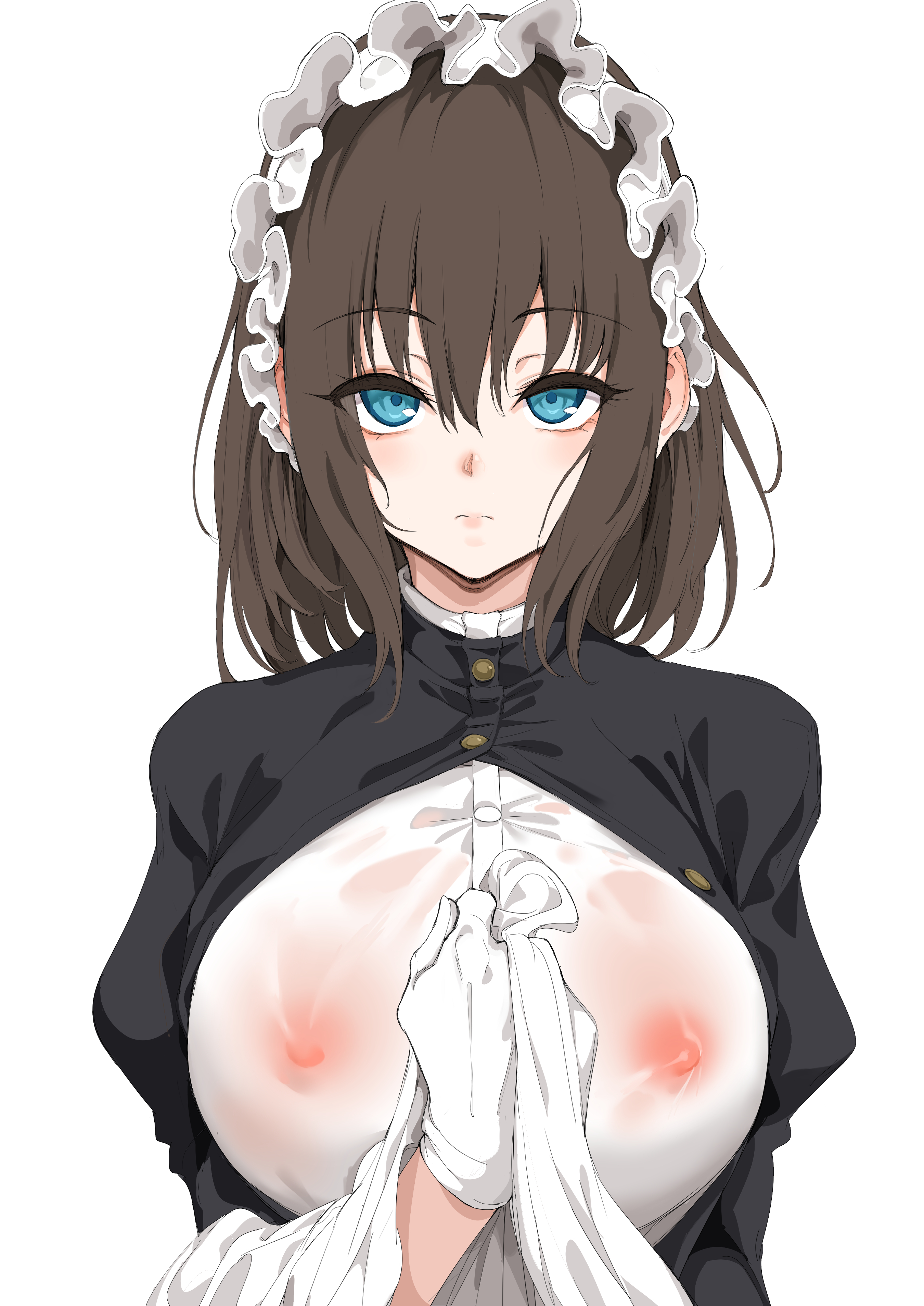 kyokucho, rurikawa tsubaki, original, absurdres, highres, 1girl, apron, black shrug, blue eyes, blush, breasts, brown hair, closed mouth, covered erect nipples, gloves, large breasts, looking at viewer, maid, maid apron, maid headdress, medium hair, no bra, see-through clothes, see-through shirt, shirt, shrug (clothing), solo, wet, wet clothes, wet shirt, white gloves, white shirt