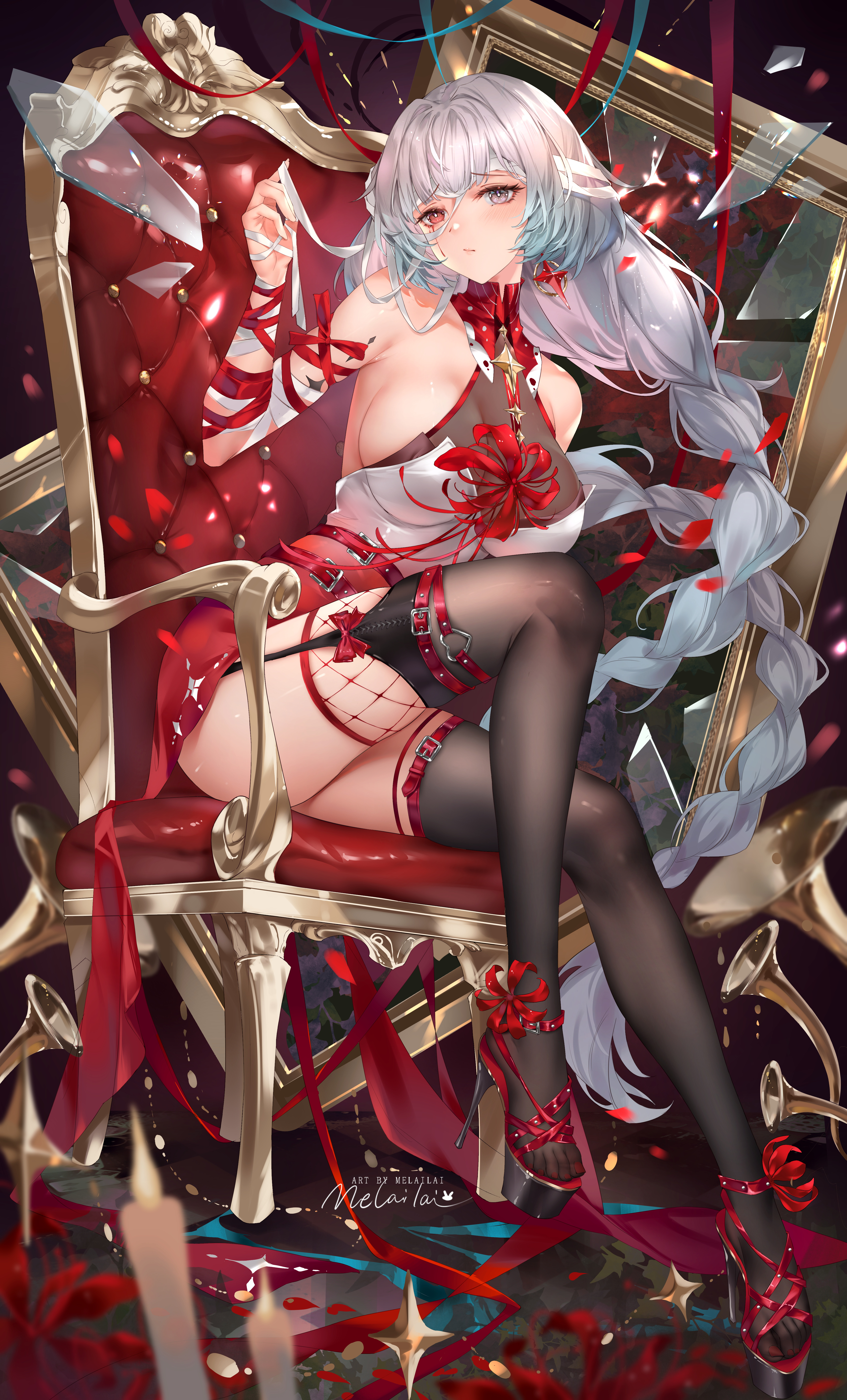 melailai, phrolova (wuthering waves), wuthering waves, absurdres, commentary, highres, paid reward available, 1girl, alternate costume, bandaged arm, bandages, bare shoulders, black thighhighs, blood, bloody tears, braid, breasts, dress, earrings, glass shards, grey eyes, grey hair, halter dress, halterneck, heterochromia, high heels, instrument, jewelry, large breasts, long hair, looking at viewer, low twin braids, nail polish, red dress, red eyes, red nails, red petals, see-through cleavage, see-through clothes, short dress, sideboob, signature, sitting, solo, tacet mark (wuthering waves), thighhighs, thighs, toenail polish, toenails, toes, trumpet, twin braids, very long hair