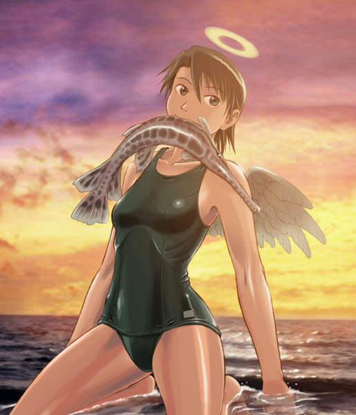 aaru sentou shuudan, kana, kana (haibane renmei), swimmer, haibane renmei, 00s, 1girl, angel, angel wings, beach, black one-piece swimsuit, brown eyes, brown hair, female focus, fish, halo, kneeling, mouth hold, one-piece swimsuit, outdoors, school swimsuit, short hair, solo, sunset, swimsuit, traditional halo, water, wings