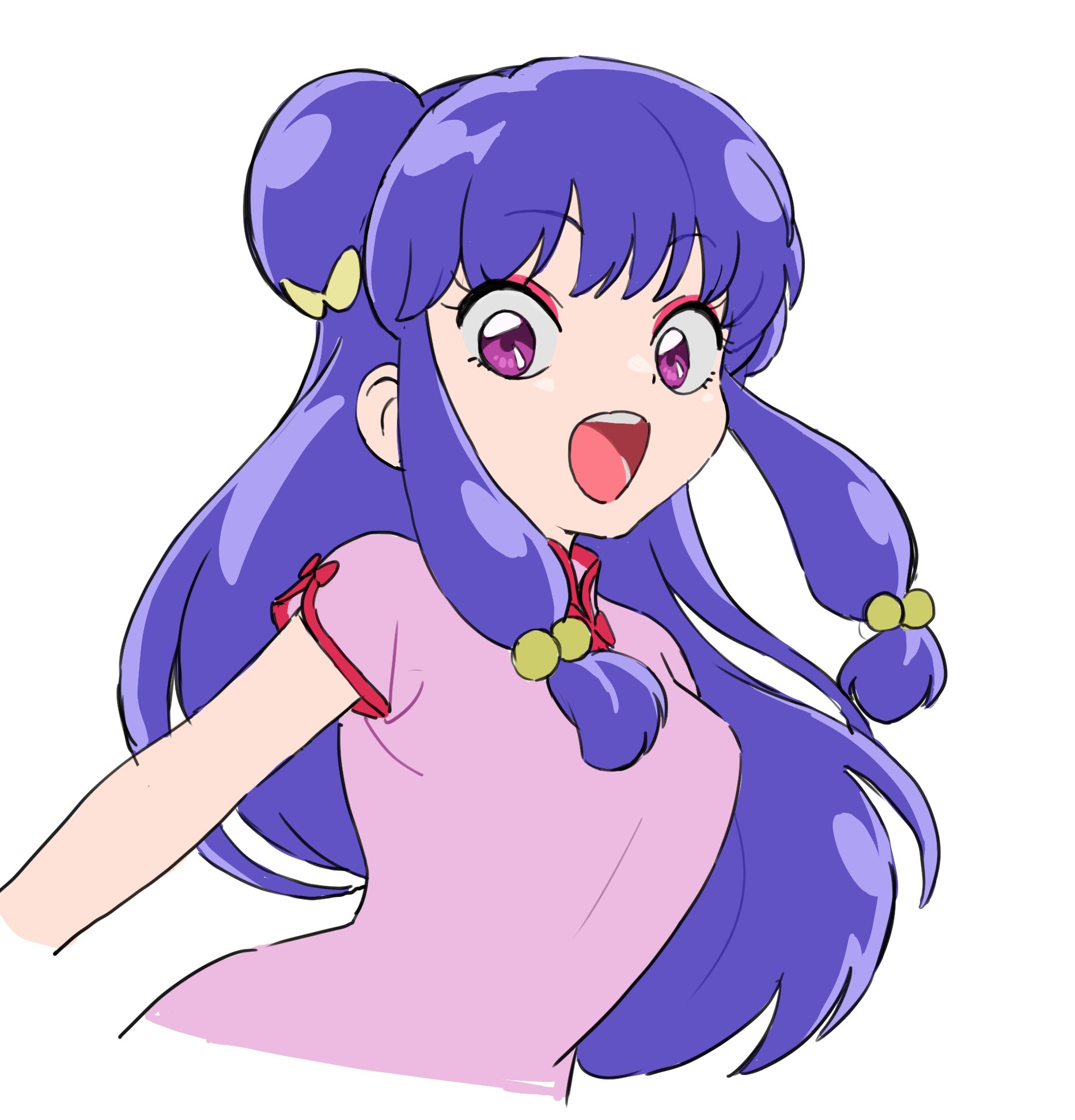 sagawa haruka, shampoo (ranma 1/2), ranma 1/2, highres, 1girl, bow, breasts, chinese clothes, double bun, dress, hair bobbles, hair bow, hair bun, hair ornament, long hair, looking at viewer, open mouth, purple eyes, sidelocks, simple background, smile, solo, white background