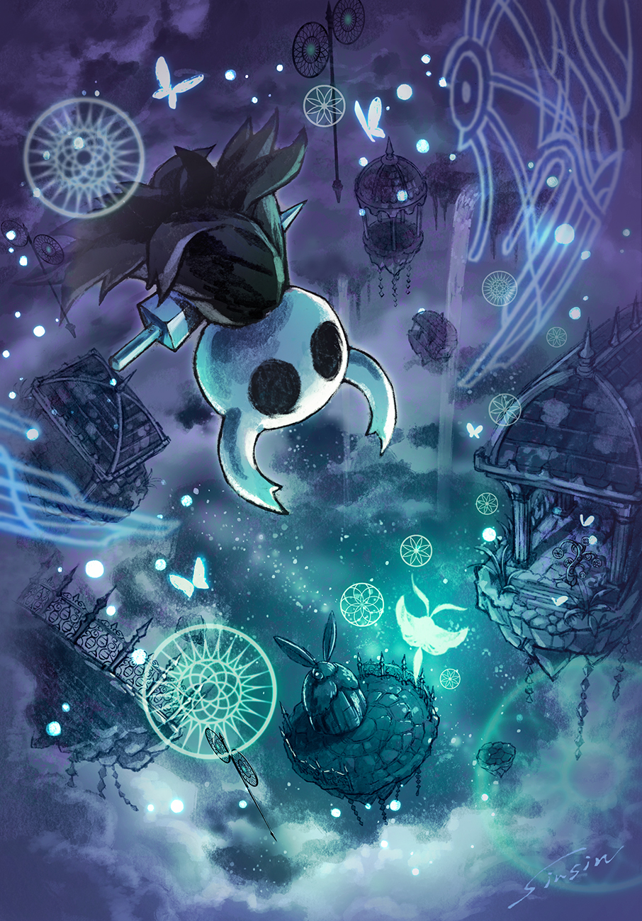 mamoru mikokoro, knight (hollow knight), seer (hollow knight), hollow knight, commentary, highres, 1girl, 1other, arthropod girl, bug, butterfly, dreaming, grey cloak, hollow eyes, horned mask, insect, insect girl, mask, moth, moth girl, nail (hollow knight), signature, upside-down, white mask