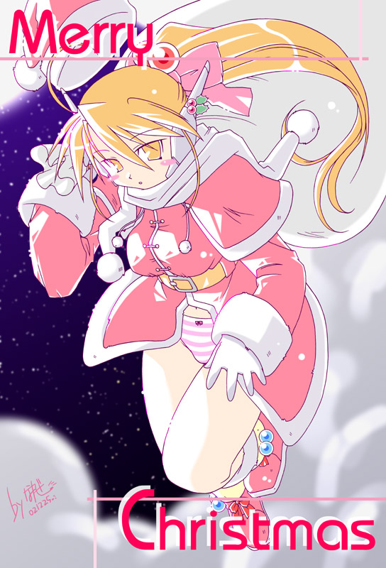 nagase takeshi, serio (to heart), to heart, to heart (series), christmas, panties, pantyshot, ponytail, santa costume, solo, striped clothes, striped panties, underwear