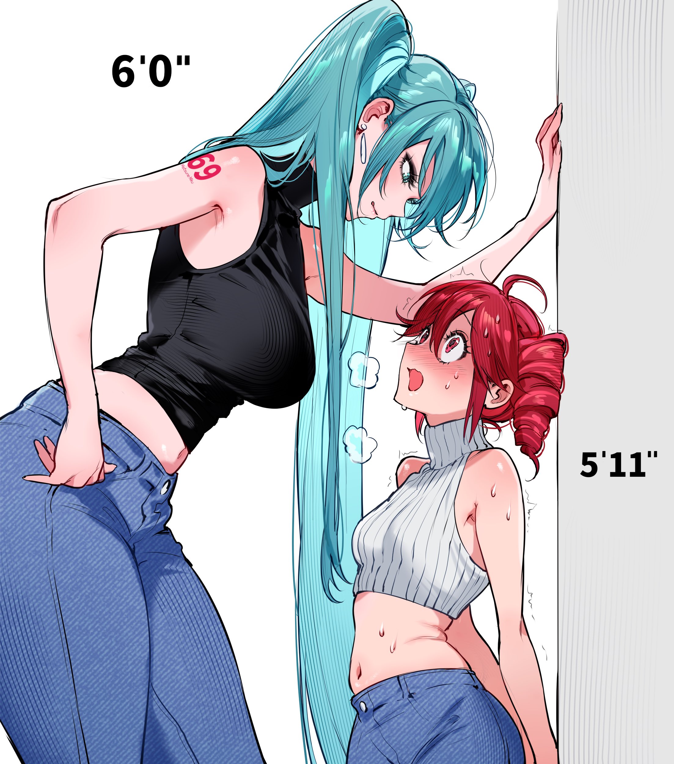 qiandaiyiyu, hatsune miku, kasane teto, utau, vocaloid, absurdres, highres, 2girls, ahoge, aqua eyes, aqua hair, arm tattoo, arms behind back, bare arms, bare shoulders, black shirt, blue pants, blush, breasts, character name, crop top, cropped sweater, denim, drill hair, earrings, eyelashes, from side, hair between eyes, hand on own hip, hand on wall, height chart, height difference, jeans, jewelry, kabedon, large breasts, licking lips, long hair, looking at another, looking down, looking up, midriff, multiple girls, navel, number tattoo, open mouth, pants, red eyes, red hair, ribbed sweater, shirt, sidelocks, sleeveless, sleeveless shirt, sleeveless sweater, sleeveless turtleneck, small breasts, standing, sweat, sweater, tall female, tattoo, thick thighs, thighs, tongue, tongue out, trembling, turtleneck, turtleneck shirt, turtleneck sweater, twin drills, twintails, twitching, very long hair, white sweater, yuri