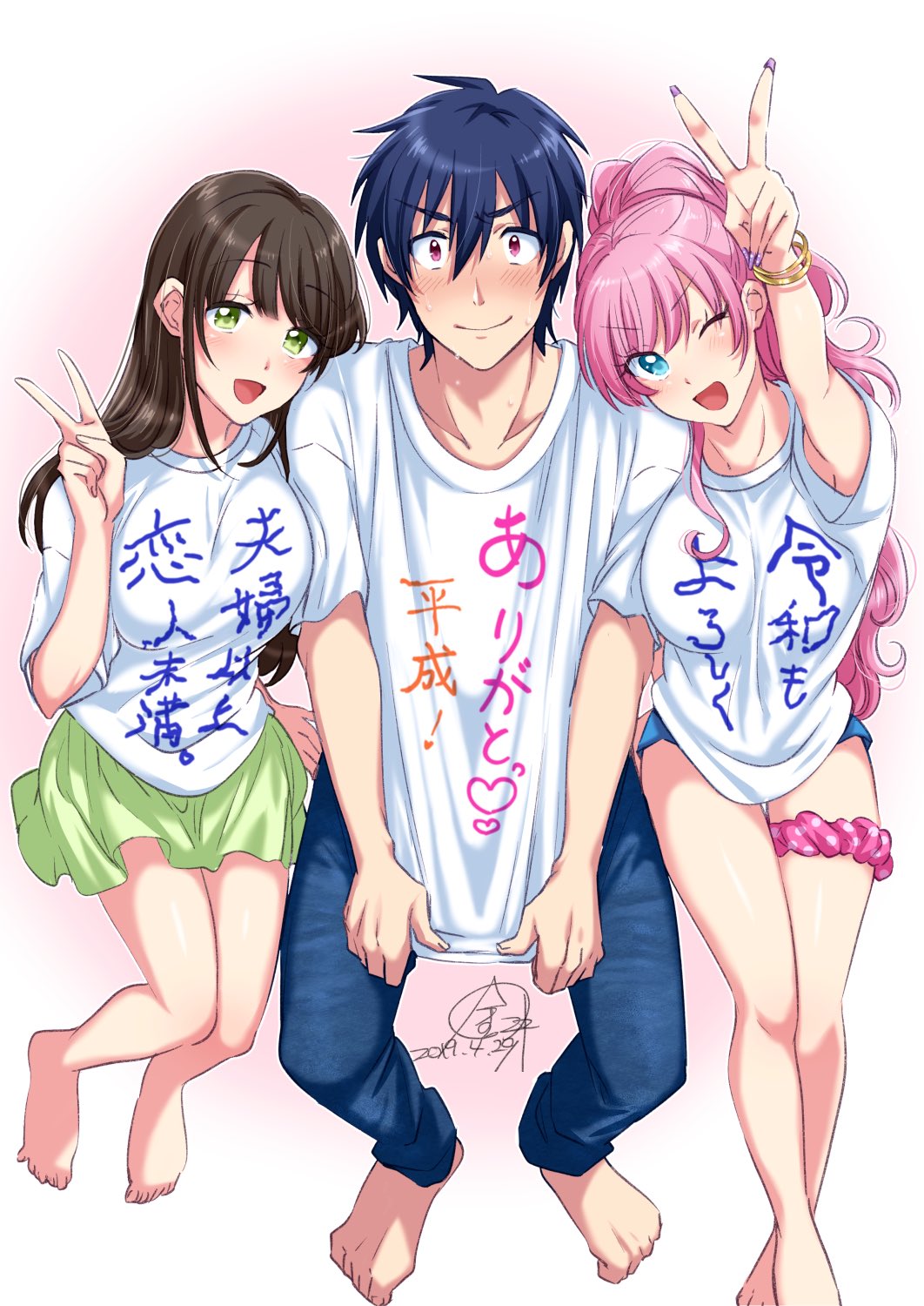kanamaru yuuki, sakurazaka shiori, watanabe akari, yakuin jirou, fuufu ijou koibito miman., commentary request, highres, 1boy, 2girls, arm up, barefoot, blue eyes, blue hair, blue pants, blush, bracelet, brown hair, closed mouth, clothes writing, dated, from above, green eyes, green skirt, hand up, jewelry, long hair, multiple girls, open mouth, pants, pink eyes, pink hair, pink scarf, scarf, shirt, shirt tucked in, short shorts, shorts, signature, sitting, skirt, smile, thigh scrunchie, v, white shirt