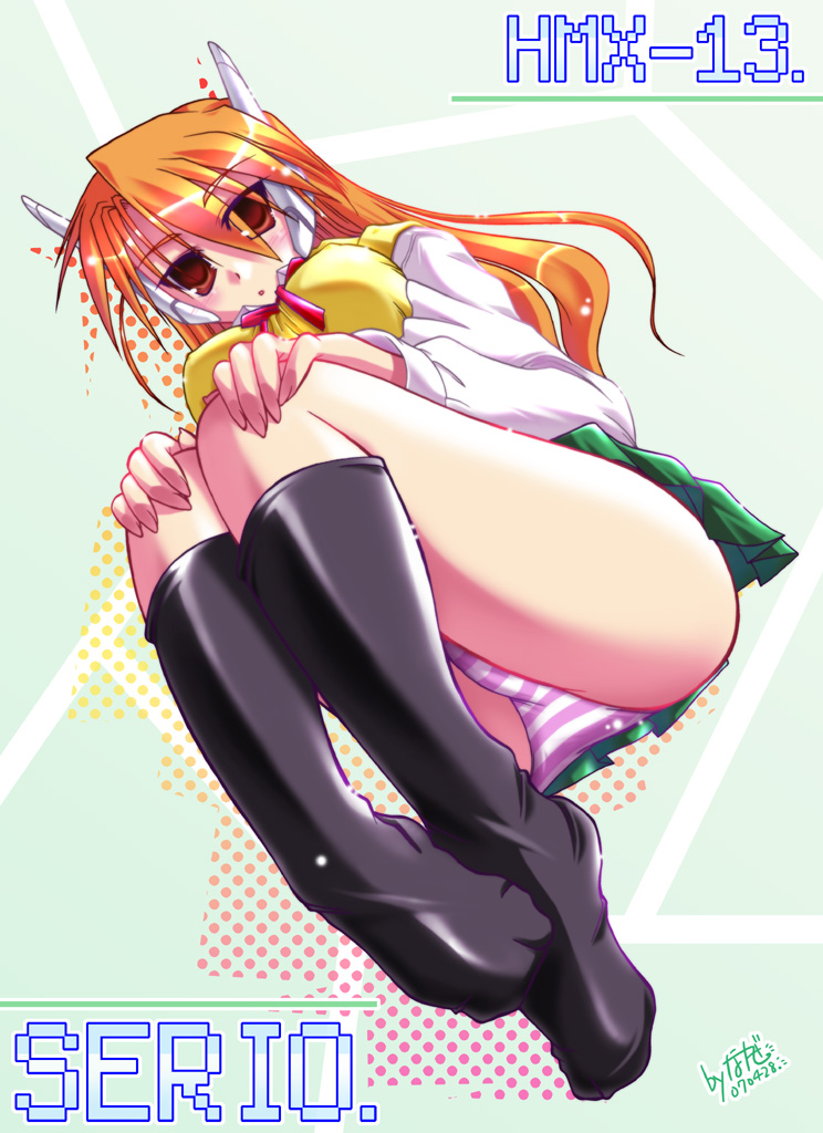 nagase takeshi, serio (to heart), to heart, to heart (series), android, kneehighs, orange hair, panties, pantyshot, school uniform, serafuku, socks, solo, striped clothes, striped panties, underwear