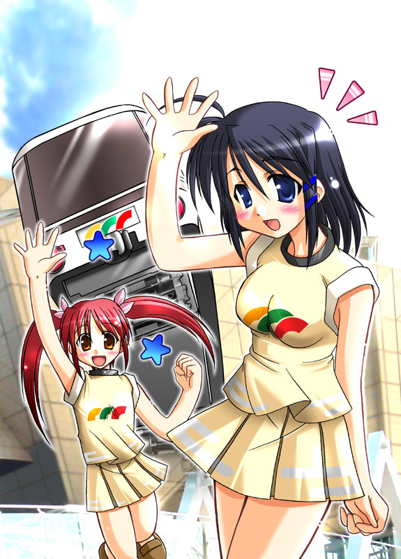 nagase takeshi, train-tan, original, uniform, vehicle, 2girls, :d, ^^^, black hair, blue eyes, blush, breasts, large breasts, looking at viewer, multiple girls, open mouth, pleated skirt, red eyes, red hair, shirt, short hair, skirt, smile, standing, t-shirt, twintails, waving, yellow skirt