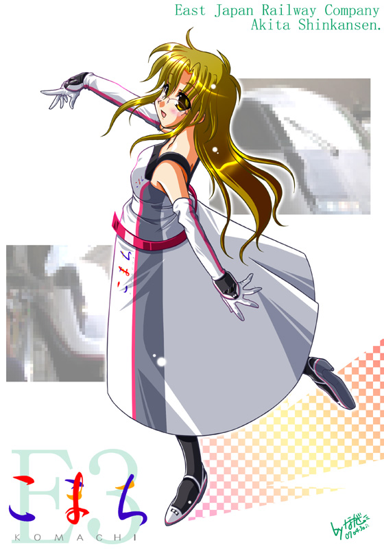 nagase takeshi, train-tan, original, vehicle, 1girl, asymmetrical dress, black gloves, blonde hair, blue eyes, brown hair, dress, elbow gloves, female focus, full body, glasses, gloves, high-speed train, long hair, motor vehicle, multiple unit train, outstretched arms, solo, standing, train, white dress