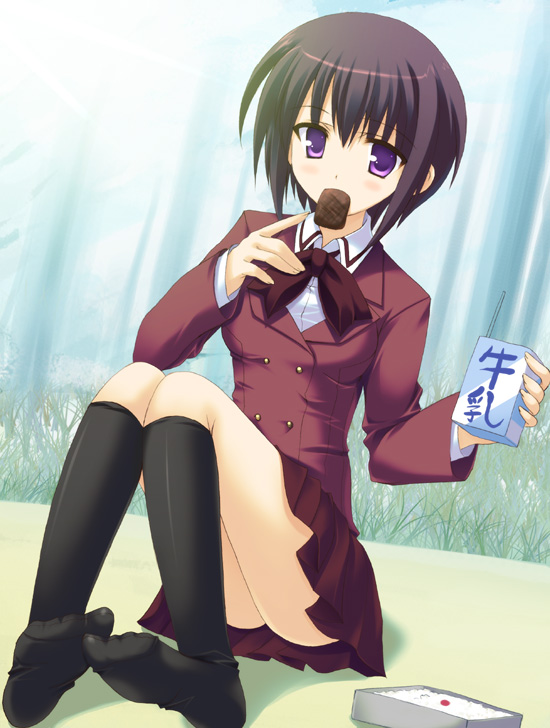 rakkyo, kawazoe tamaki, bamboo blade, 00s, 1girl, black socks, blazer, jacket, kneehighs, purple eyes, school uniform, short hair, skirt, socks