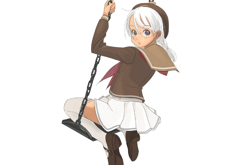 kiriman (souldeep), original, glasses, hat, on swing, school uniform, serafuku, solo, swing, thighhighs, white hair, zettai ryouiki