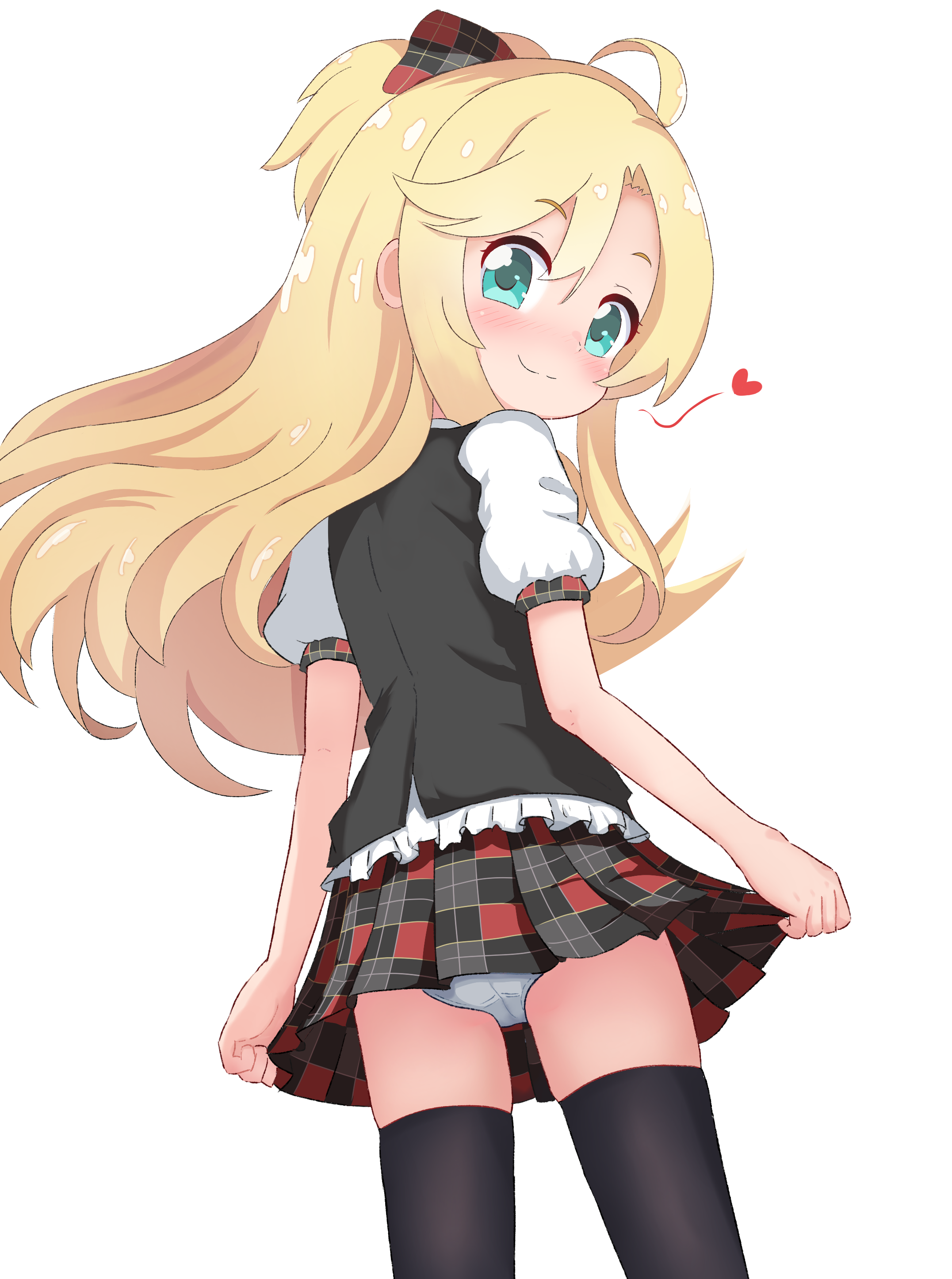 kommandoh, himesaka noa, watashi ni tenshi ga maiorita!, absurdres, highres, 1girl, :3, ahoge, ass, black thighhighs, black vest, blonde hair, blush, bow, closed mouth, cowboy shot, from behind, green eyes, hair bow, heart, long hair, looking at viewer, looking back, panties, pantyshot, plaid bow, plaid clothes, plaid skirt, pleated skirt, shirt, short sleeves, simple background, skirt, skirt hold, smile, solo, standing, thighhighs, underwear, vest, white background, white panties, white shirt