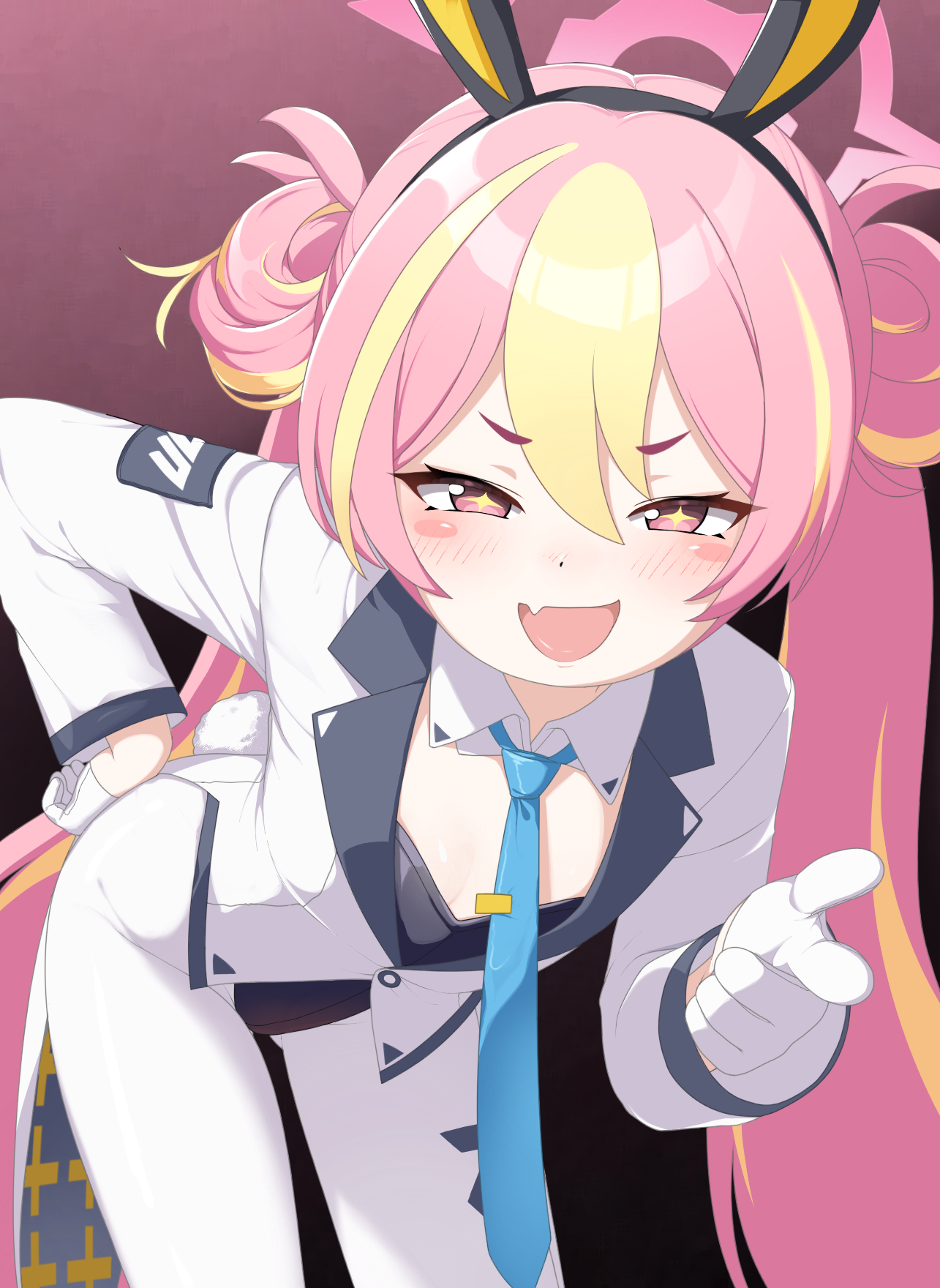 didac fantasy, koyuki (blue archive), koyuki (bunny) (blue archive), blue archive, commentary request, highres, + +, 1girl, :d, animal ears, bent over, blonde hair, blue necktie, blush, fang, finger gun, gloves, hair between eyes, hair rings, half-closed eyes, halo, hand on own hip, jacket, multicolored hair, necktie, open mouth, pantyhose, pink eyes, pink hair, pink halo, pointing, pointing at viewer, rabbit ears, rabbit tail, smile, smug, solo, standing, streaked hair, tail, twintails, two-tone hair, white gloves, white jacket