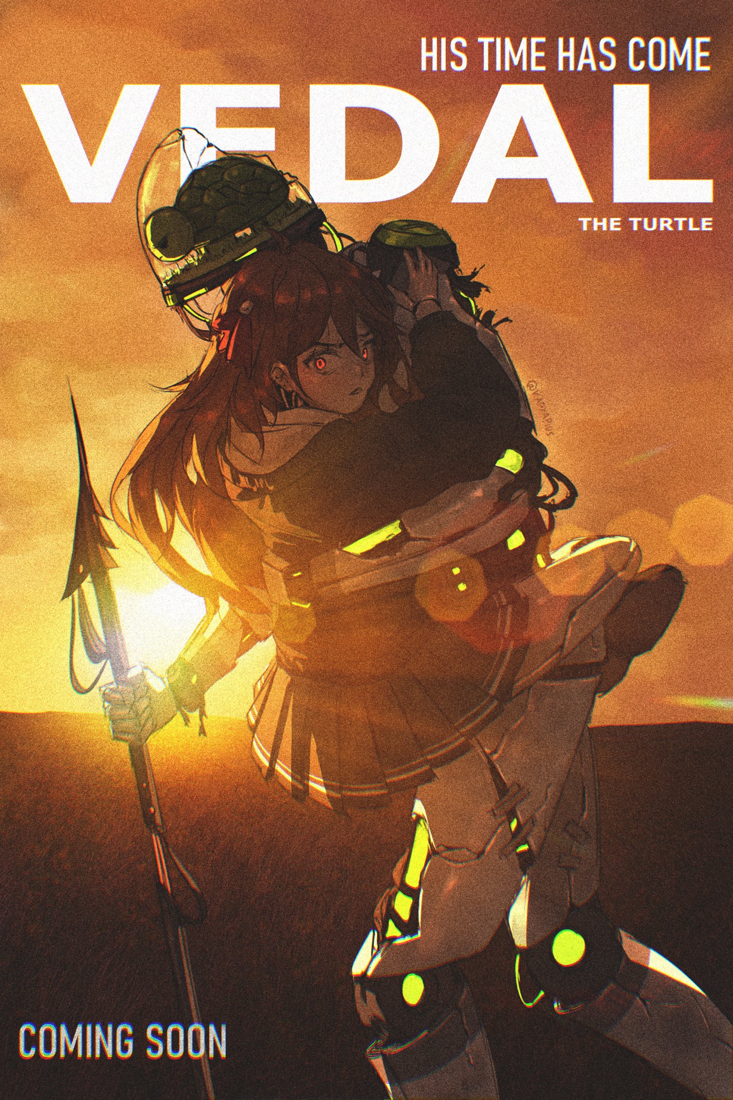 kapxapius, evil neuro-sama, neuro-sama, vedal987, commentary, english commentary, highres, 1girl, black cardigan, black skirt, bow, bowtie, brown hair, cardigan, cowboy shot, dress shirt, from side, hair bow, hair ornament, holding, holding polearm, holding weapon, horizon, leg lock, lifting person, long hair, long sleeves, looking at viewer, off-shoulder cardigan, outdoors, pleated skirt, polearm, red bow, red bowtie, red eyes, robot, robot girl, shirt, skirt, skull hair ornament, standing leg lock, sunset, turtle, vedal ai, walking, weapon, white shirt, worried